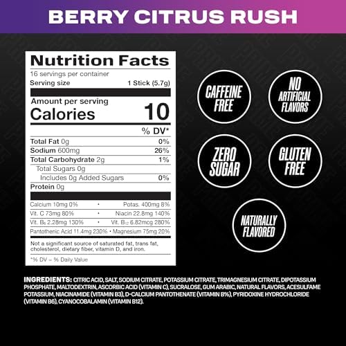 Prime Rapid Rehydration Electrolyte Powder Sticks, Berry Citrus Rush, Sugar Free Hydration Drink Mix with Sodium, Potassium & B Vitamins, Caffeine Free, 16 Count
