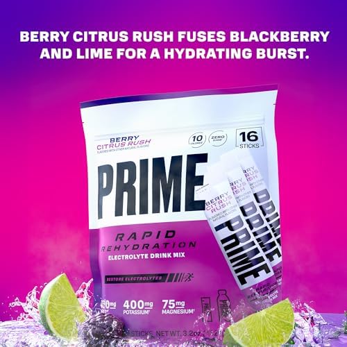 Prime Rapid Rehydration Electrolyte Powder Sticks, Berry Citrus Rush, Sugar Free Hydration Drink Mix with Sodium, Potassium & B Vitamins, Caffeine Free, 16 Count
