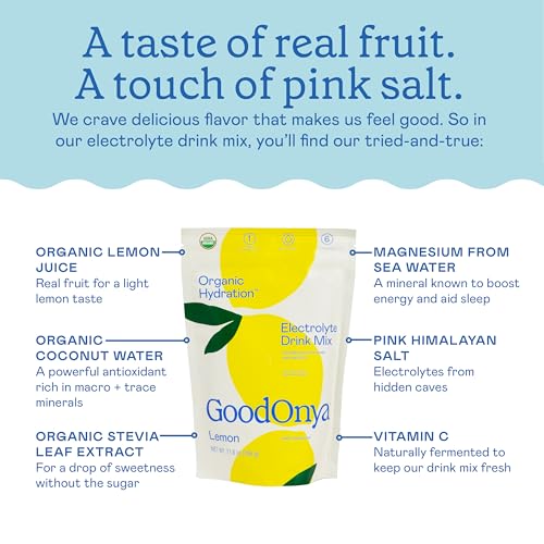 GOODONYA Organic Hydration Electrolyte Drink Mix, Certified Organic Hydration Powder, Non-GMO, Biochecked Glyphosate Free, Low Sugar, Lemonade Flavor, No Artificial Flavors, 42 Servings