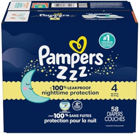 Pampers ZZZ Overnight Diapers, Size 4 (22-37 lbs), 58 Count, Nighttime Protection Disposable Baby Diaper, Night Time Leak and Skin Protection