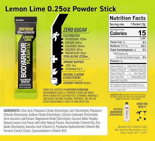 BODYARMOR Flash IV Electrolyte Packets, Strawberry Kiwi - Zero Sugar Drink Mix, Single Serve Packs, Coconut Water Powder (6 Count)