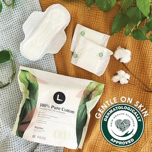 L. Ultra Thin Pads for Women, Overnight Absorbency, Organic Cotton Top Layer, Unscented Pads with Wings, 96 Count (4 Packs of 24)