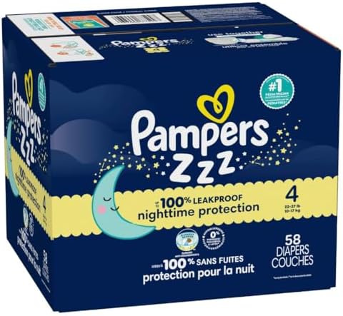 Pampers ZZZ Overnight Diapers, Size 4 (22-37 lbs), 58 Count, Nighttime Protection Disposable Baby Diaper, Night Time Leak and Skin Protection