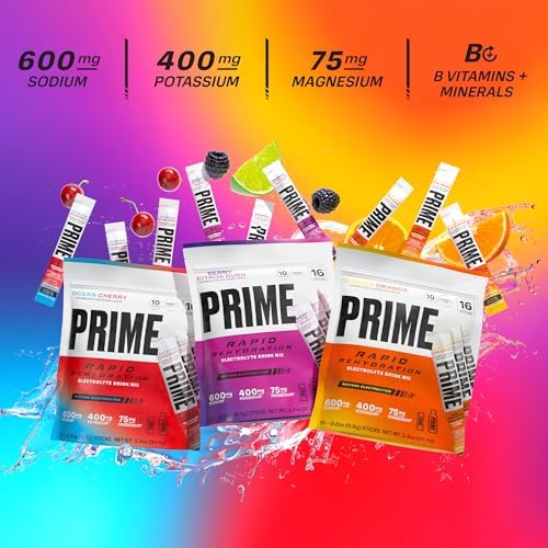 Prime Rapid Rehydration Electrolyte Powder Sticks, Berry Citrus Rush, Sugar Free Hydration Drink Mix with Sodium, Potassium & B Vitamins, Caffeine Free, 16 Count