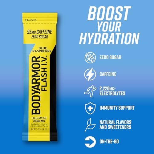 BODYARMOR Flash IV Electrolyte Packets, Strawberry Kiwi - Zero Sugar Drink Mix, Single Serve Packs, Coconut Water Powder (6 Count)