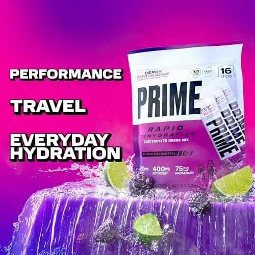 Prime Rapid Rehydration Electrolyte Powder Sticks, Berry Citrus Rush, Sugar Free Hydration Drink Mix with Sodium, Potassium & B Vitamins, Caffeine Free, 16 Count