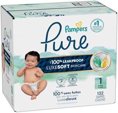 Pampers Pure Protection Baby Diapers, Size 1 (8-14 lbs), 82 Count, Up to 100% Leakproof, Premium Plant-based Skin Protection, Hypoallergenic Soft Diapers