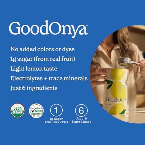 GOODONYA Organic Hydration Electrolyte Drink Mix, Certified Organic Hydration Powder, Non-GMO, Biochecked Glyphosate Free, Low Sugar, Lemonade Flavor, No Artificial Flavors, 42 Servings