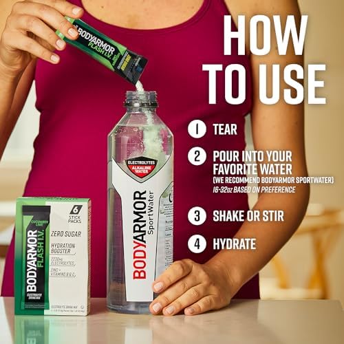 BODYARMOR Flash IV Electrolyte Packets, Strawberry Kiwi - Zero Sugar Drink Mix, Single Serve Packs, Coconut Water Powder (6 Count)