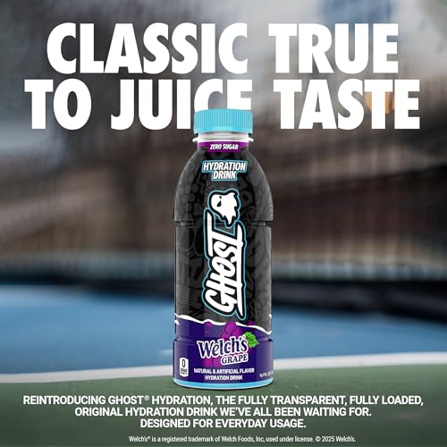 GHOST Hydration Drink, Welch’s Grape - RTD Sports Drink with Electrolytes, Natural Vitamins & Minerals - All Day Lifestyle Hydration Beverage - Zero Caffeine & Zero Sugars - 16.9 Fl Oz, 12 Pack