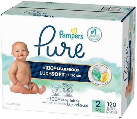 Pampers Pure Protection Baby Diapers, Size 2 (12-18 lbs), 120 Count, Up to 100% Leakproof, Premium Plant-Based Skin Protection, Hypoallergenic Soft Diapers
