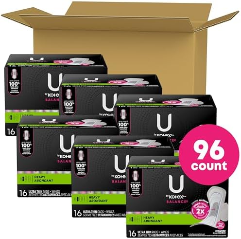 U by Kotex Balance Ultra Thin Pads with Wings, Heavy Absorbency, 46 Count (Packaging May Vary)
