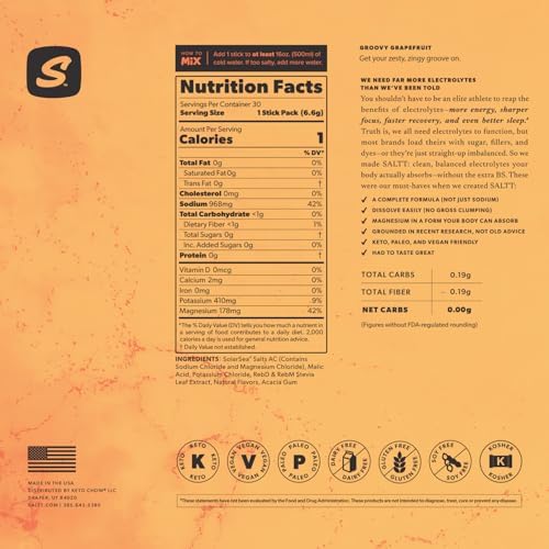 Keto Chow SALTT Electrolytes Powder Packets, Booyah Berry (30 Hydration Packets) - Magnesium, Potassium, Sodium, Trace Minerals - Vegan, Sugar Free, Gluten Free - Travel Essentials - Made in USA