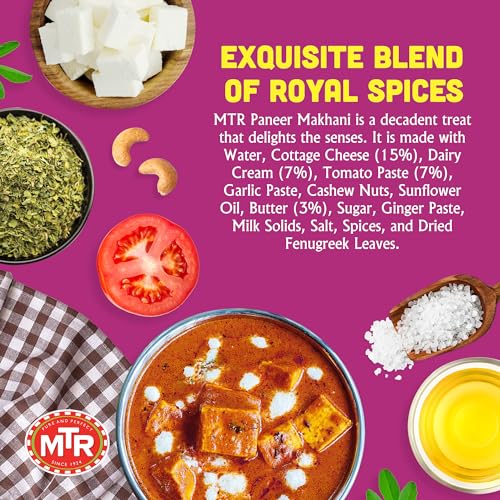 MTR - Shahi Paneer - Mild Tomato Gravy with Cottage Cheese - Authentic Indian Flavors - Flavorful, Easy, Ready-to-Eat Meal - Experience the Richness of Paneer in a Hearty Tomato Curry (Pack of 6)