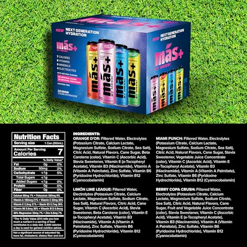 Más+ By Messi 19.2oz Miami Punch Sports Drink & Hydration Beverage, Natural Flavors with Vitamins and Electrolytes, No Artificial Sweeteners or Colors, 12-pack