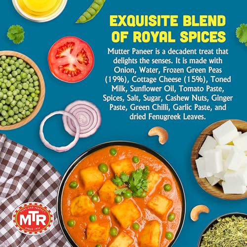 MTR - Shahi Paneer - Mild Tomato Gravy with Cottage Cheese - Authentic Indian Flavors - Flavorful, Easy, Ready-to-Eat Meal - Experience the Richness of Paneer in a Hearty Tomato Curry (Pack of 6)