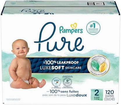 Pampers Pure Protection Baby Diapers, Size 2 (12-18 lbs), 120 Count, Up to 100% Leakproof, Premium Plant-Based Skin Protection, Hypoallergenic Soft Diapers