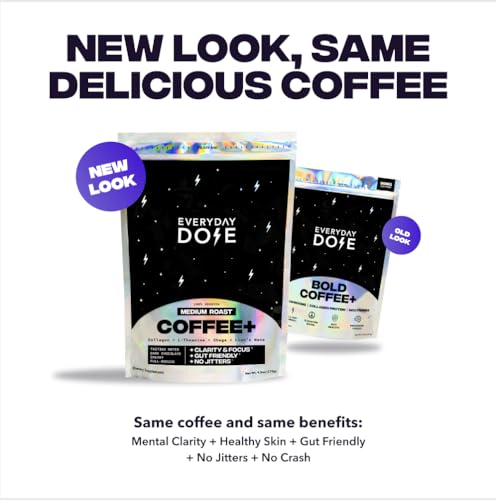 Everyday Dose Bold Medium Roast Mushroom Coffee 90mg Caffeine per serving with Grass-Fed Collagen, Chaga, Lions Mane &amp; L-Theanine for Better Focus, Energy, Digestion, Skin, and Immunity 30 Servings