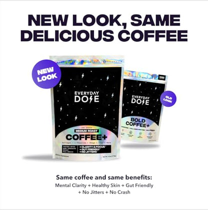 Everyday Dose Bold Medium Roast Mushroom Coffee 90mg Caffeine per serving with Grass-Fed Collagen, Chaga, Lions Mane &amp; L-Theanine for Better Focus, Energy, Digestion, Skin, and Immunity 30 Servings