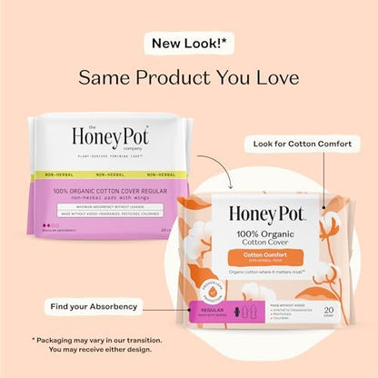 The Honey Pot Company - Sanitary Pads for Women - Non-Herbal Regular Flow w/Wings - Organic Cotton Cover &amp; Ultra-Absorbent Pulp Core - Feminine Care - 20 ct