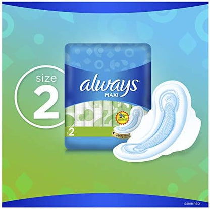 Always Maxi Feminine Pads with Wings for Women, Size 2, Long Super Absorbency, Unscented 42 Count