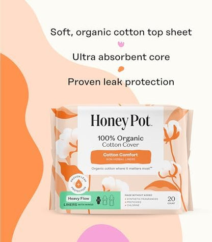The Honey Pot Company - Sanitary Pads for Women - Non-Herbal Regular Flow w/Wings - Organic Cotton Cover &amp; Ultra-Absorbent Pulp Core - Feminine Care - 20 ct