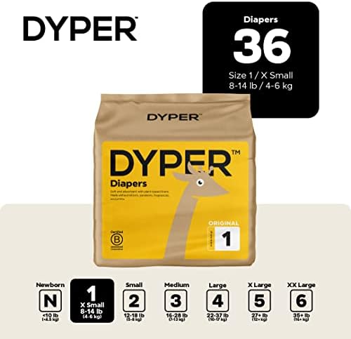 DYPER - Baby Diapers Hypoallergenic Cloth Alternative Day &amp; Overnight Protection (36 Count)- Made with Plant-Based* &amp; Skin-Friendly Ingredients - Size 1 (8-14 lb)