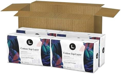 L. Ultra Thin Pads for Women, Overnight Absorbency, Organic Cotton Top Layer, Unscented Pads with Wings, 96 Count (4 Packs of 24)