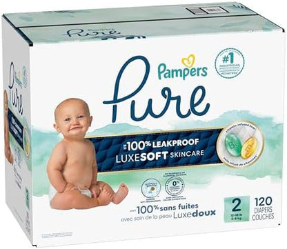 Pampers Pure Protection Baby Diapers, Size 2 (12-18 lbs), 120 Count, Up to 100% Leakproof, Premium Plant-Based Skin Protection, Hypoallergenic Soft Diapers