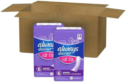 Always Discreet Adult Incontinence Pads for Women, Extra Heavy Absorbency, Regular Length, Postpartum Pads, 66 Count (2 Packs of 33)