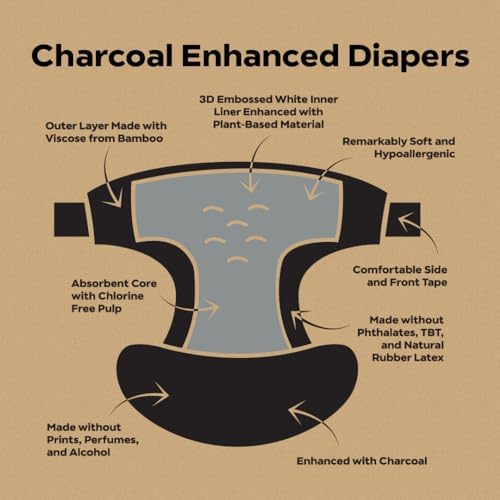 DYPER - Charcoal Enhanced Day &amp; Overnight Disposable Baby Diapers - Made with Plant-Based* &amp; Skin-Friendly Ingredients, Hypoallergenic for Sensitive Skin - Size 2, (56 Count)