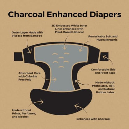 DYPER - Charcoal Enhanced Day &amp; Overnight Disposable Baby Diapers - Made with Plant-Based* &amp; Skin-Friendly Ingredients, Hypoallergenic for Sensitive Skin - Size 2, (56 Count)
