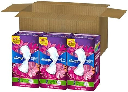 Always Radiant Feminine Pads for Women, Flexfoam Pads with Wings, Size 2, Heavy Absorbency, Lightly Scented, 78 Count (3 Packs of 26)