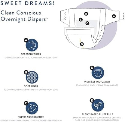 The Honest Company Clean Conscious Overnight Diapers for Sensitive Skin | Hypoallergenic, Fragrance Free | Cozy Cloud + Star Signs | Club Box, Size 6 (35+ lbs), 34 Count