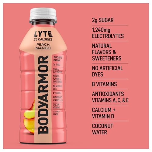 BODYARMOR LYTE Sports Drink Low-Calorie Sports Beverage, Peach Mango, Coconut Water Hydration, Natural Flavors With Vitamins, Potassium-Packed Electrolytes, Perfect For Athletes, 12 Fl Oz (Pack of 8)