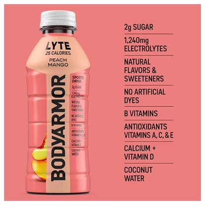 BODYARMOR LYTE Sports Drink Low-Calorie Sports Beverage, Peach Mango, Coconut Water Hydration, Natural Flavors With Vitamins, Potassium-Packed Electrolytes, Perfect For Athletes, 12 Fl Oz (Pack of 8)