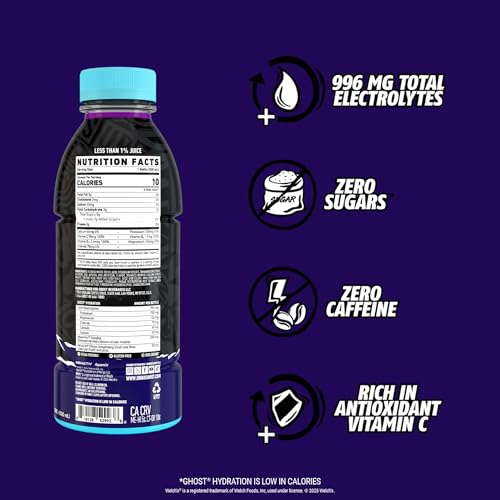 GHOST Hydration Drink, Welch’s Grape - RTD Sports Drink with Electrolytes, Natural Vitamins &amp; Minerals - All Day Lifestyle Hydration Beverage - Zero Caffeine &amp; Zero Sugars - 16.9 Fl Oz, 12 Pack