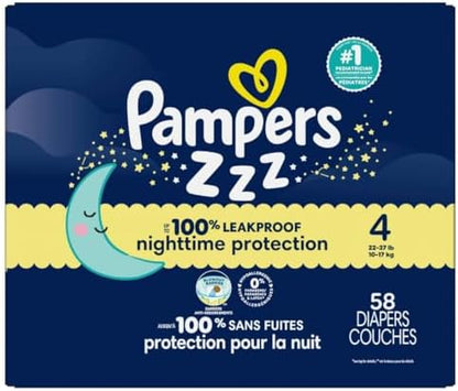 Pampers ZZZ Overnight Diapers, Size 4 (22-37 lbs), 58 Count, Nighttime Protection Disposable Baby Diaper, Night Time Leak and Skin Protection