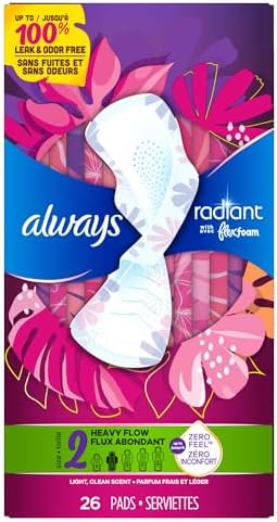 Always Radiant Feminine Pads for Women, Flexfoam Pads with Wings, Size 2, Heavy Absorbency, Lightly Scented, 78 Count (3 Packs of 26)