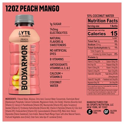 BODYARMOR LYTE Sports Drink Low-Calorie Sports Beverage, Peach Mango, Coconut Water Hydration, Natural Flavors With Vitamins, Potassium-Packed Electrolytes, Perfect For Athletes, 12 Fl Oz (Pack of 8)