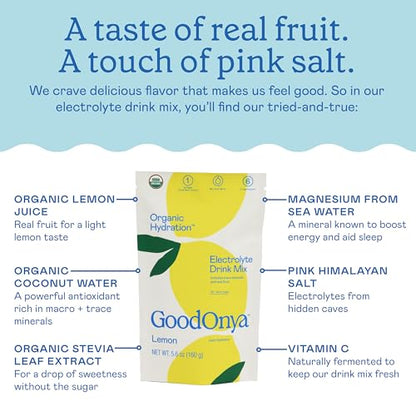 GOODONYA Organic Hydration Electrolyte Drink Mix, Certified Organic Hydration Powder, Non-GMO, Biochecked Glyphosate Free, Low Sugar, Lemonade Flavor, No Artificial Flavors, 42 Servings