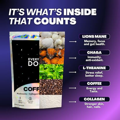Everyday Dose Bold Medium Roast Mushroom Coffee 90mg Caffeine per serving with Grass-Fed Collagen, Chaga, Lions Mane &amp; L-Theanine for Better Focus, Energy, Digestion, Skin, and Immunity 30 Servings
