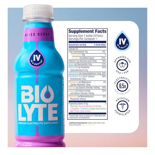 BIOLYTE Electrolyte Drink - Doctor-Formulated Hydration Drink, HSA &amp; FSA Electrolytes Water, Chemotherapy Must Haves for Women &amp; Men, Rehydration IV Liquid in a Bottle - Lemon Lime, 16 Fl Oz (12 Pack)
