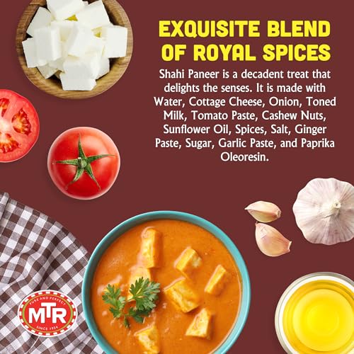 MTR - Shahi Paneer - Mild Tomato Gravy with Cottage Cheese - Authentic Indian Flavors - Flavorful, Easy, Ready-to-Eat Meal - Experience the Richness of Paneer in a Hearty Tomato Curry (Pack of 6)