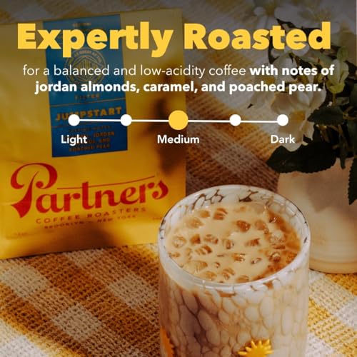 PARTNERS COFFEE ROASTERS - Whole Bean Coffee (Jumpstart - Medium-Light Roast) 12oz - Full Bodied &amp; Packed With Flavor - Jordan Almond, Caramel, Poached Pear - Coffee Beans - Roasted in New York City