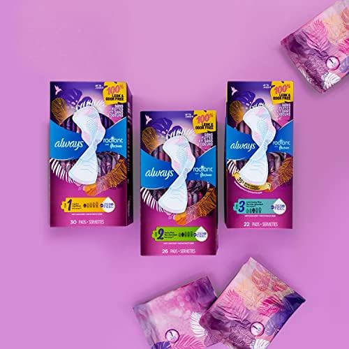 Always Radiant Feminine Pads for Women, Flexfoam Pads with Wings, Size 2, Heavy Absorbency, Lightly Scented, 78 Count (3 Packs of 26)