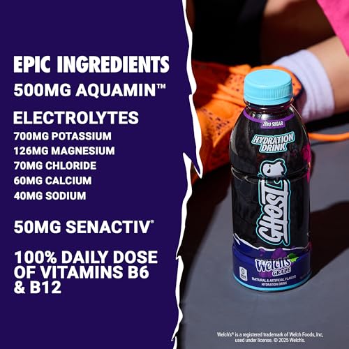 GHOST Hydration Drink, Welch’s Grape - RTD Sports Drink with Electrolytes, Natural Vitamins &amp; Minerals - All Day Lifestyle Hydration Beverage - Zero Caffeine &amp; Zero Sugars - 16.9 Fl Oz, 12 Pack