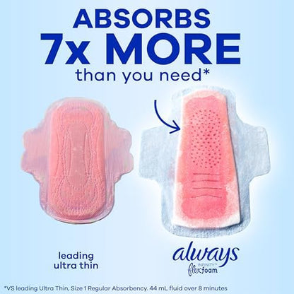 Always Infinity Feminine Pads for Women, Flexfoam Pads with Wings, Size 1, Regular Absorbency, Unscented, 108 Count (3 Packs of 36)