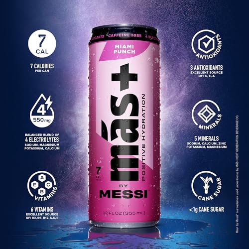Más+ By Messi 19.2oz Miami Punch Sports Drink &amp; Hydration Beverage, Natural Flavors with Vitamins and Electrolytes, No Artificial Sweeteners or Colors, 12-pack
