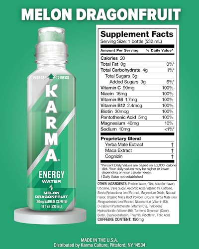 Karma Energy Drink – 12 Pack, Blueberry Watermelon Caffeinated Water with Cognizin® Nootropics, Vitamins &amp; Immune Support, Low Calorie